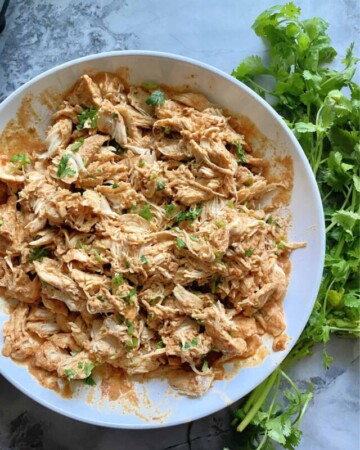 Top view of a white bowl filled with shredded chicken with cilantro on top and on the side.