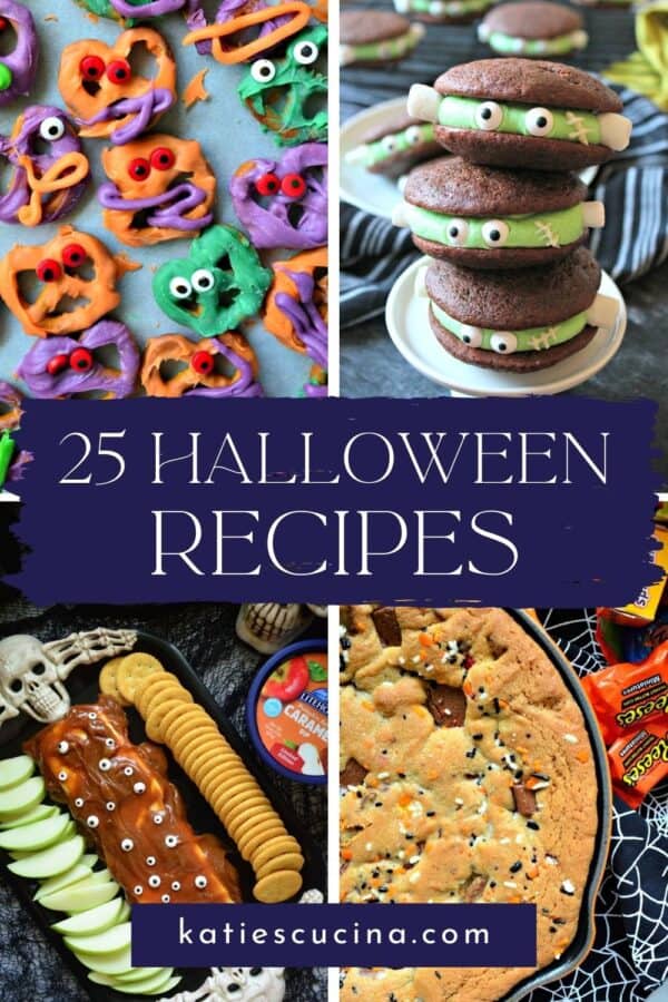 Four photos of Halloween foods with text on image for Pinterest.
