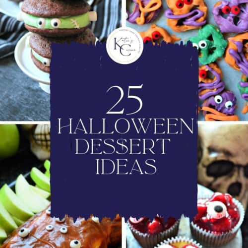 frankenstein chocolate whoopie pies, monster pretzel bites, carmel apple dip, and cherry cheesecakes with text on image for Pinterest.