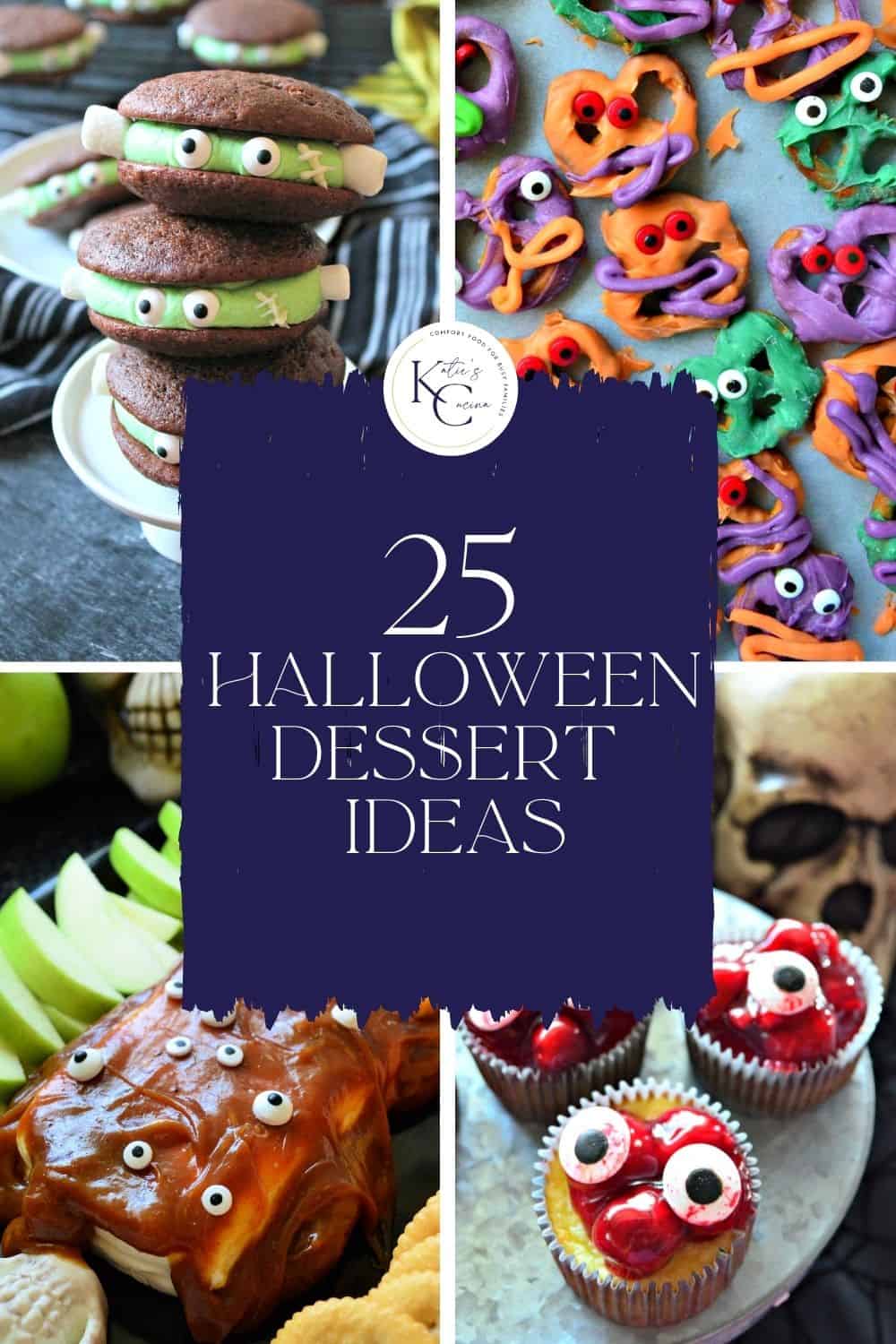 Four photos of Halloween foods with text on image for Pinterest.