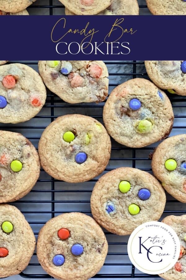 Top view of cookies on a black wire rack with text on image for Pinterest.