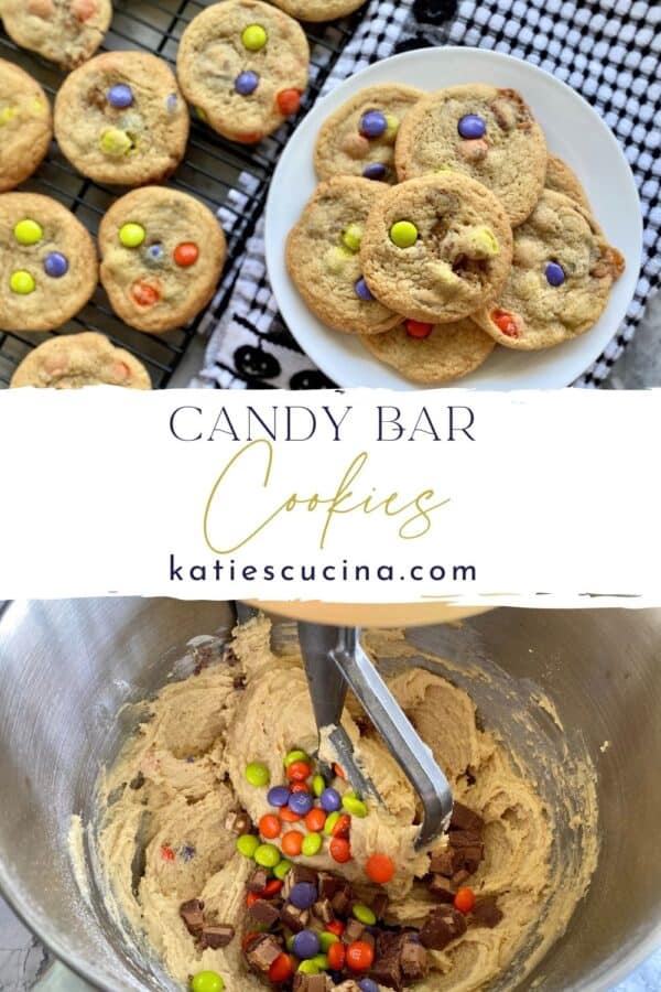 Two photos split by text; Top of a plate of cookies, bottom of candy in cookie batter.