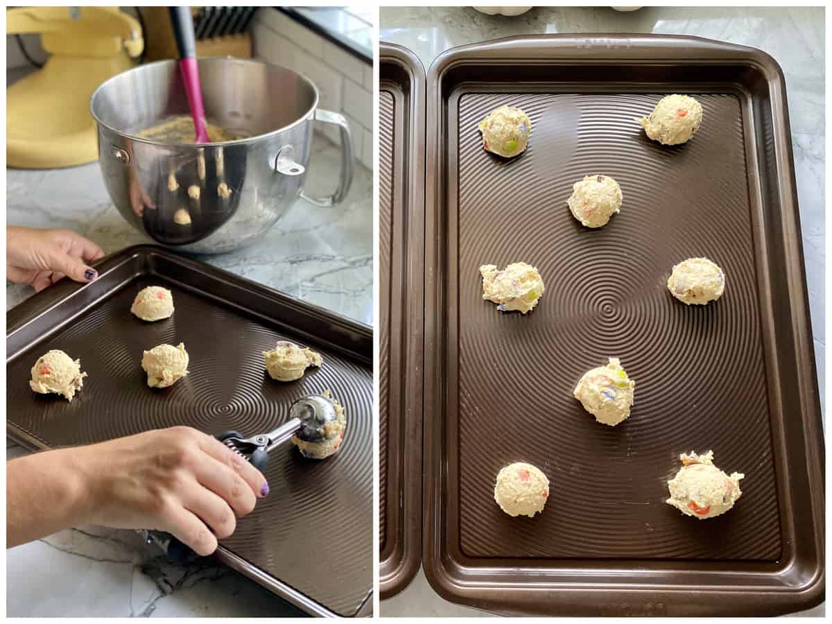Two photos: One scooping cooking dough, the other of a brown sheet pan with raw cookie dough balls.
