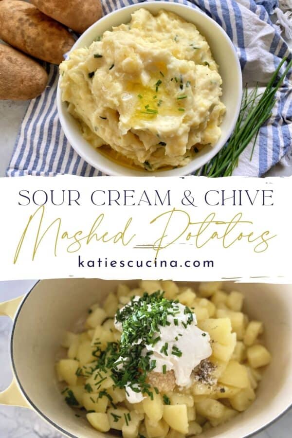 Top photo of a bowl of mashed potatoes, bottom of cooked potatoes to be mashed.