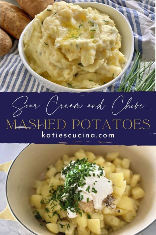 Two photos top of the mashed potatoes, bottom of diced potatoes with sour cream.