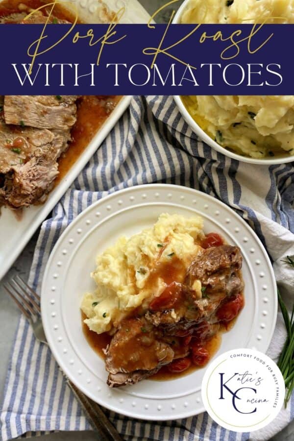 White plate with pork roast, gravy, and mashed potatoes with text on image for Pinterest.