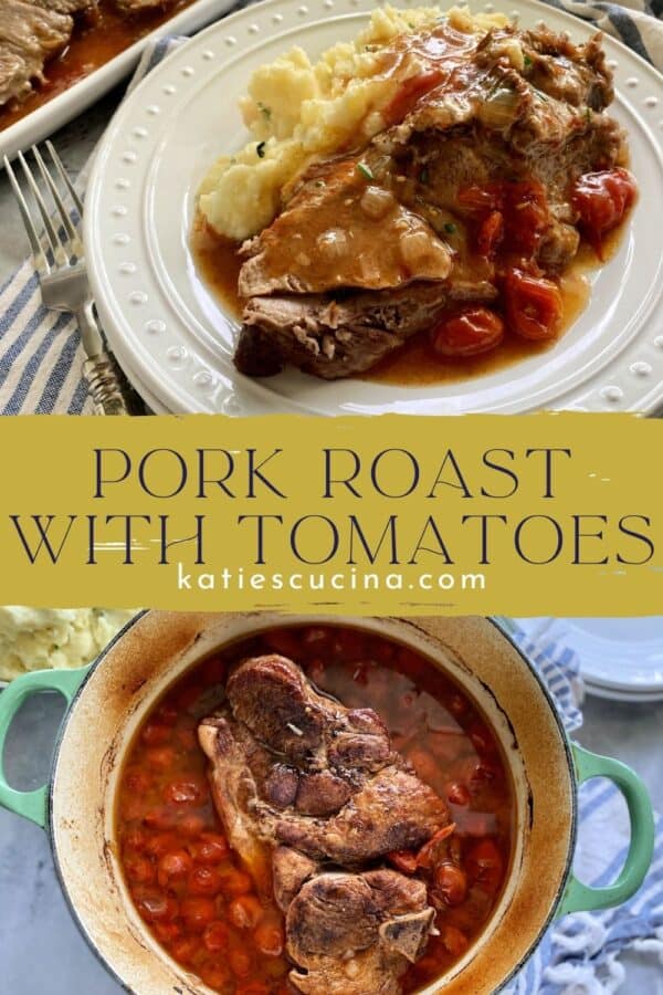 Two photos of a pork roast in a green pot and plated with mashed potatoes.