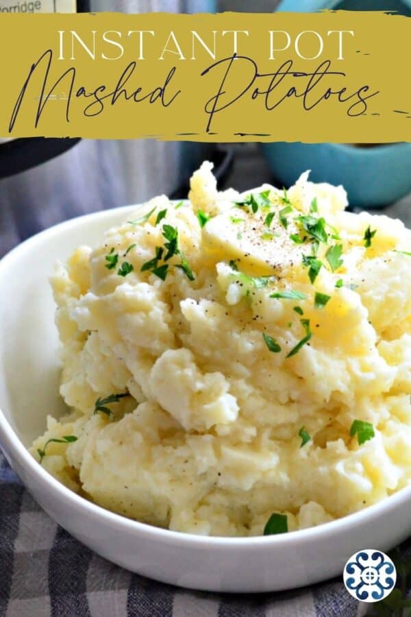 White bowl filled with mashed potatoes text on image for Pinterest.