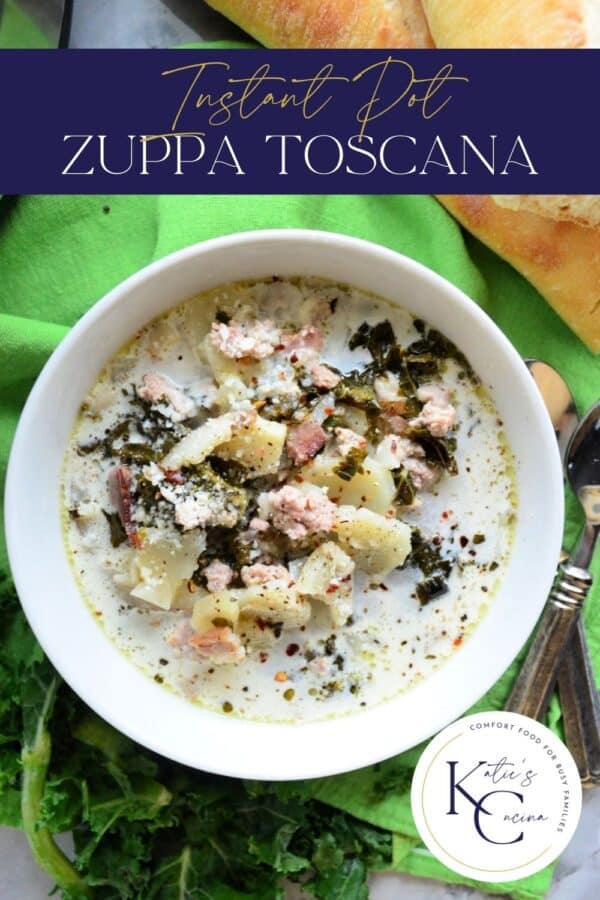 Top view of creamy potato and kale soup with text on image for Pinterest.