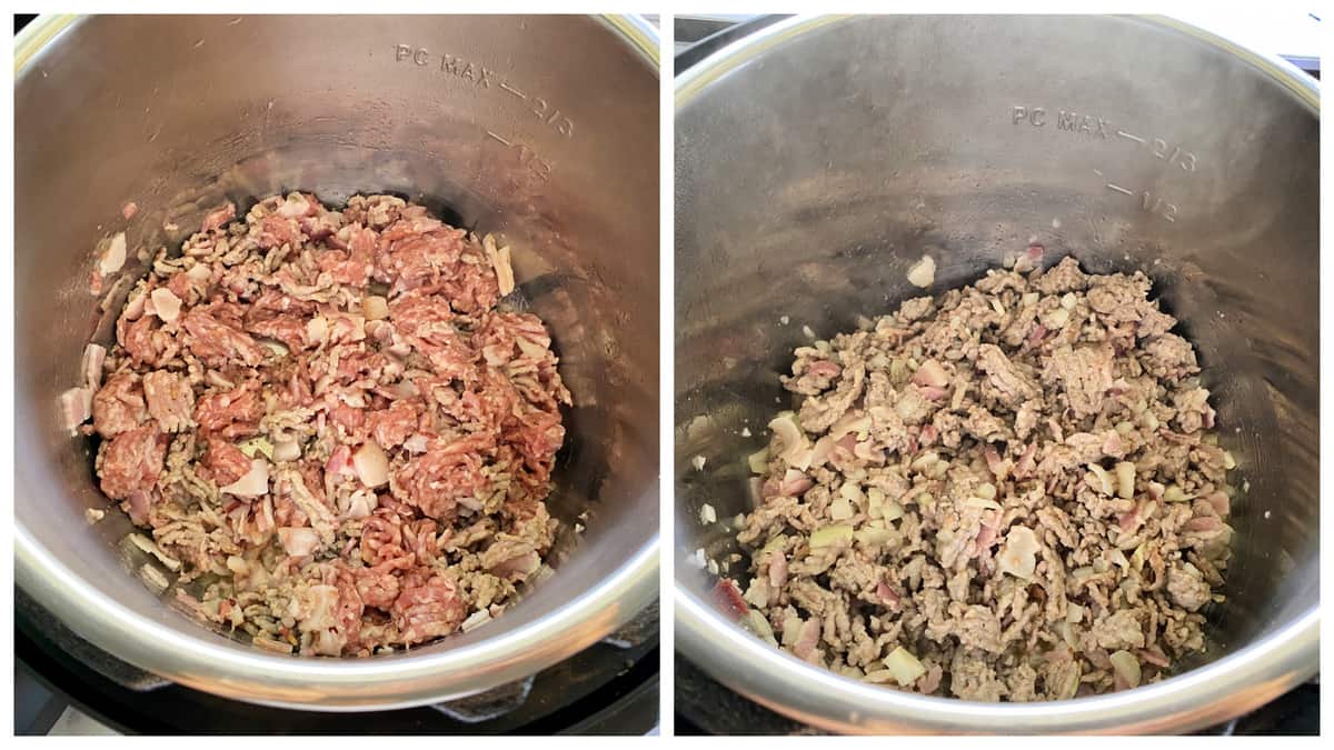 Two photos of ground pork and bacon in an instant pot. 