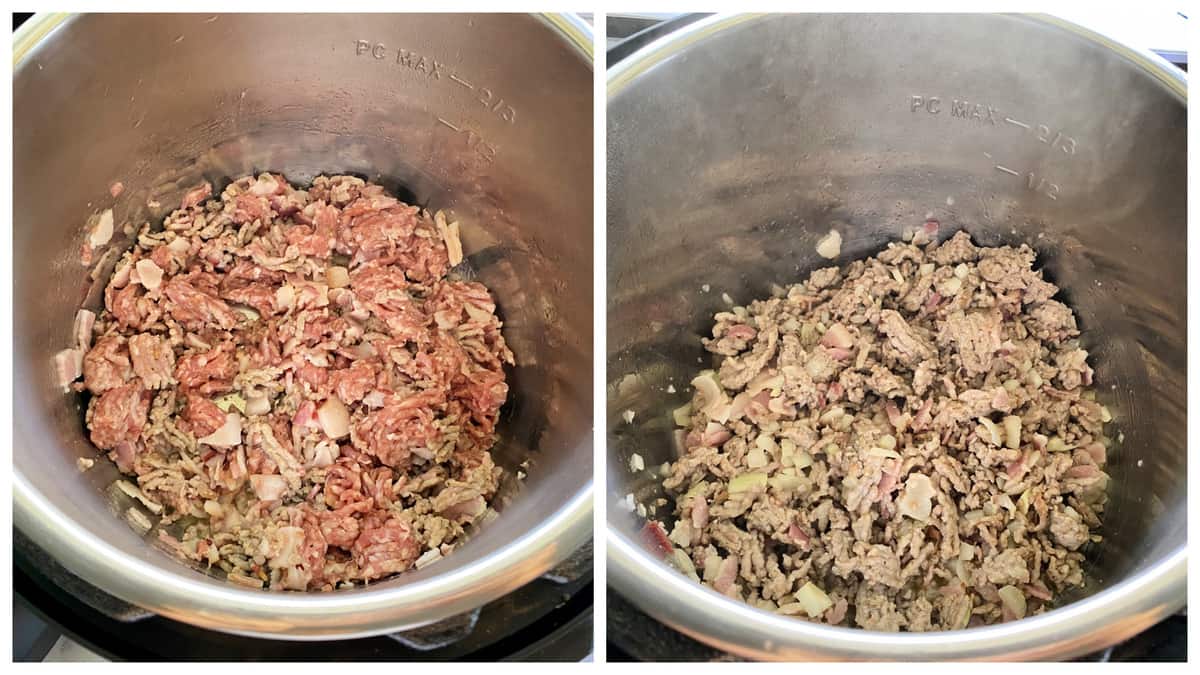 Two photos of ground pork and bacon in an instant pot.