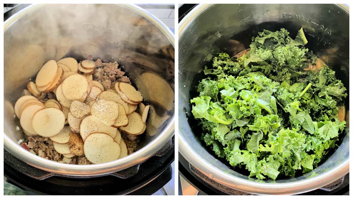 Two photos of sliced potatoes and sausage, and a photo of fresh kale in an Instant Pot.