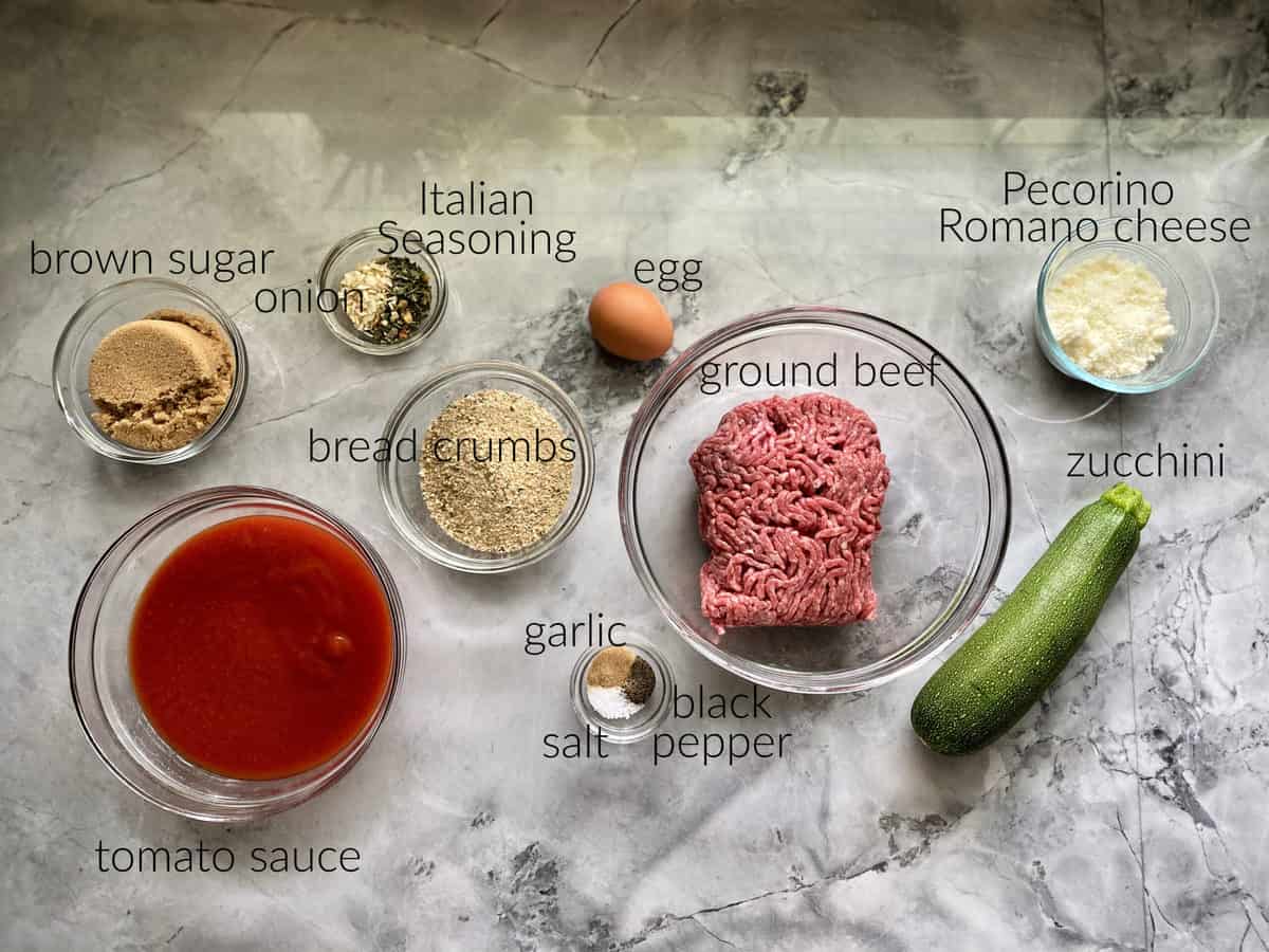 Ingredients: ground beef, tomato sauce, brown sugar, seasoning, egg, cheese, zucchini.