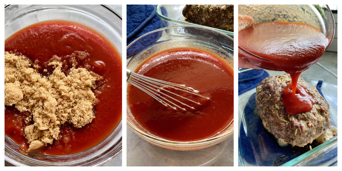 Three process shots of a bowl filled with tomato sauce and brown sugar, whisked and poured on cooked beef.