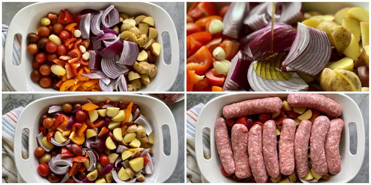 Four process of photos on how to put together an Italian Sausage Bake.