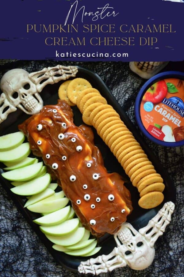 Top view of a caramel dip with eyeball candies with text on image for Pinterest.