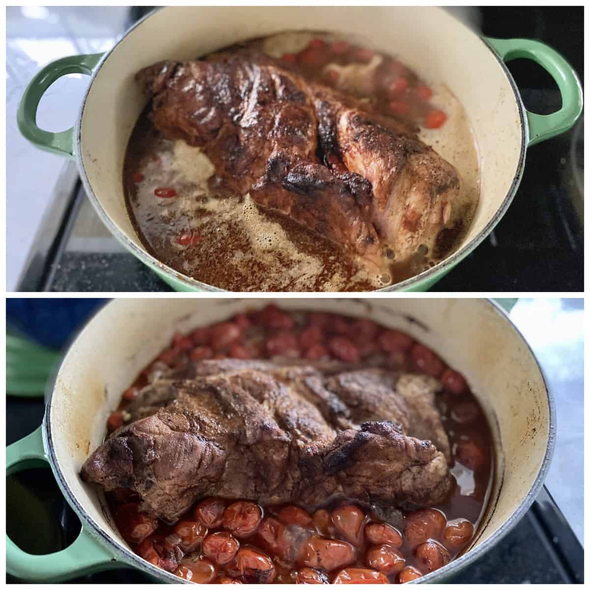 Two photos of a pork roast cooking in a green pot.