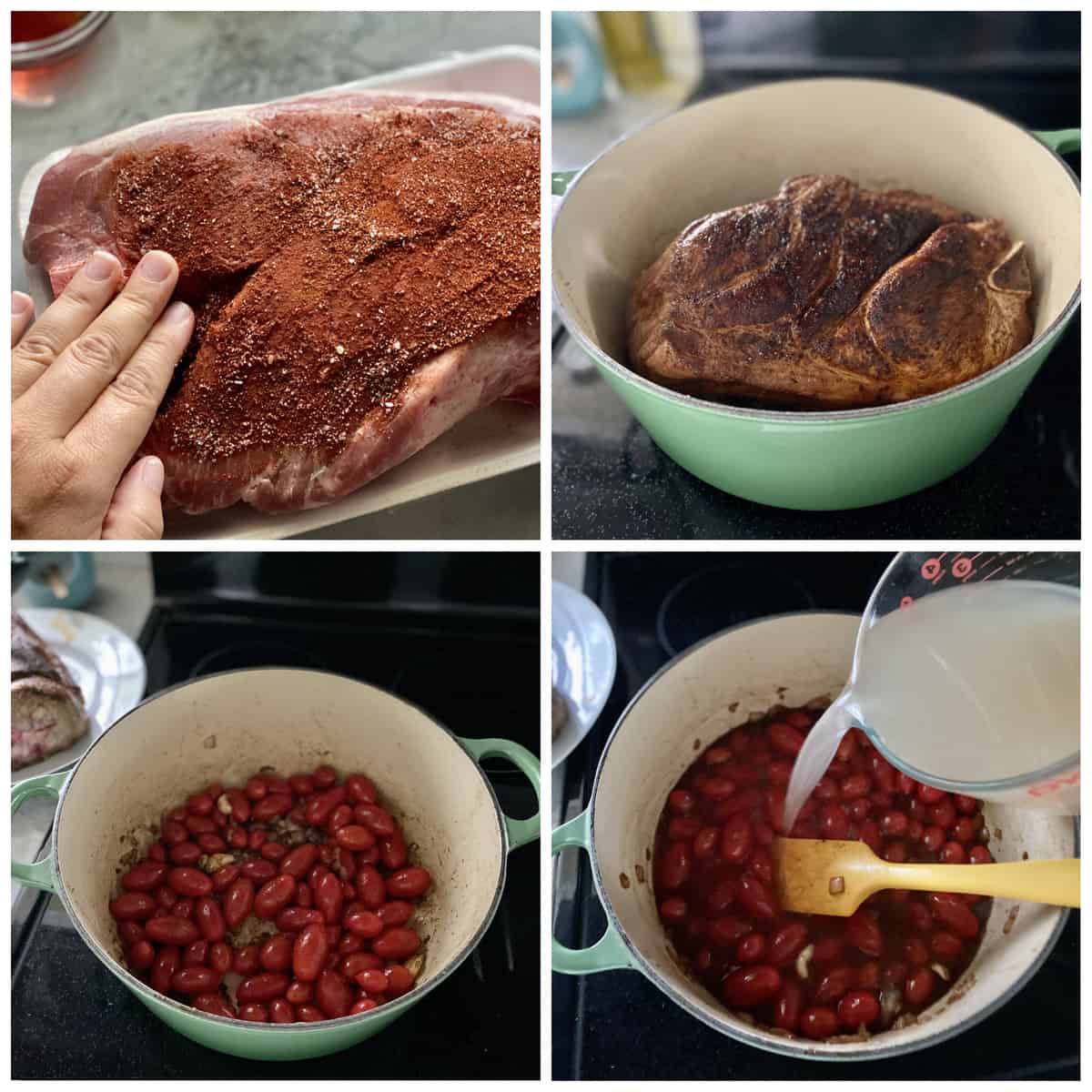 Four photos of process of browning and cooking a pork roast.