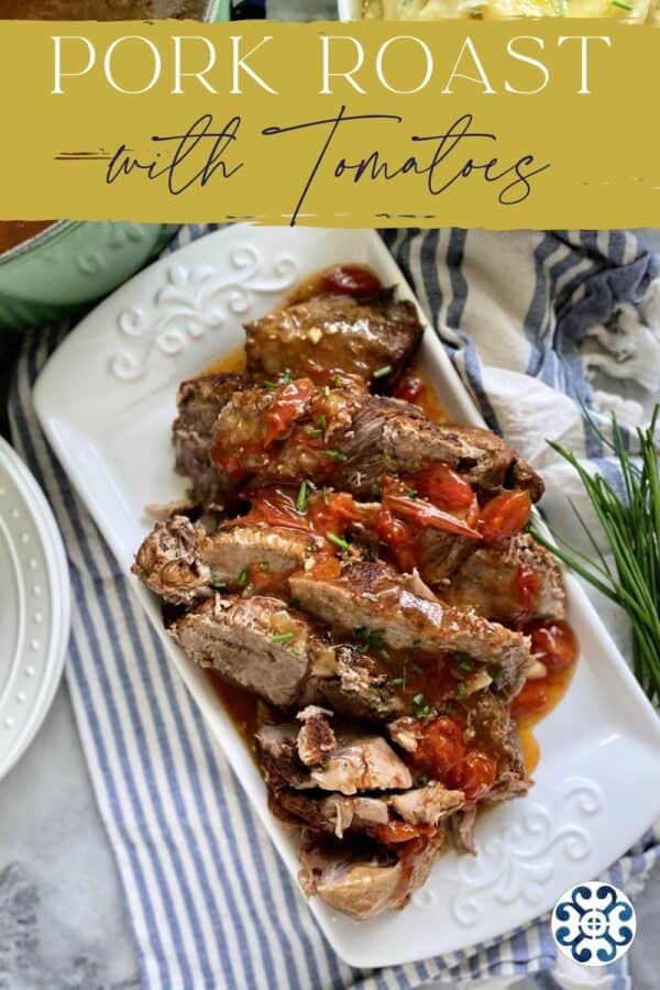 Top view of a tray of sliced pork with text on image for Pinterest.