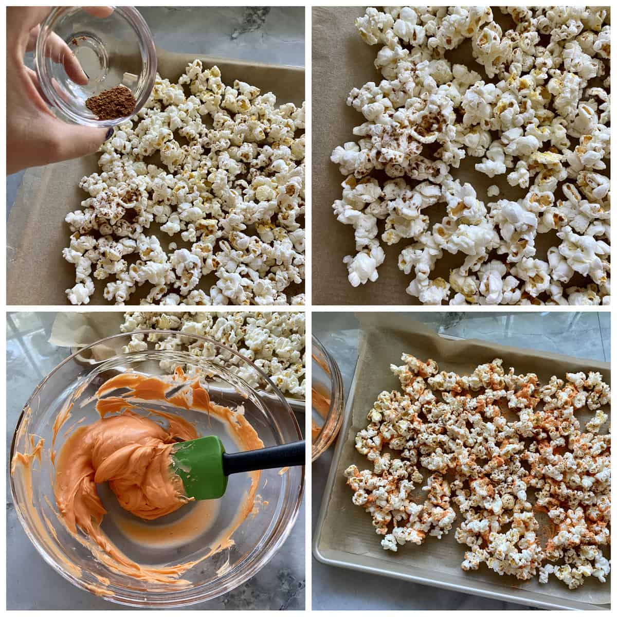 Four process photos of how to make Pumpkin Spice Popcorn.