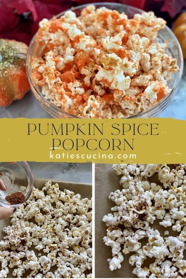 Three photos: Top of orange popcorn bottom of spiced popcorn.