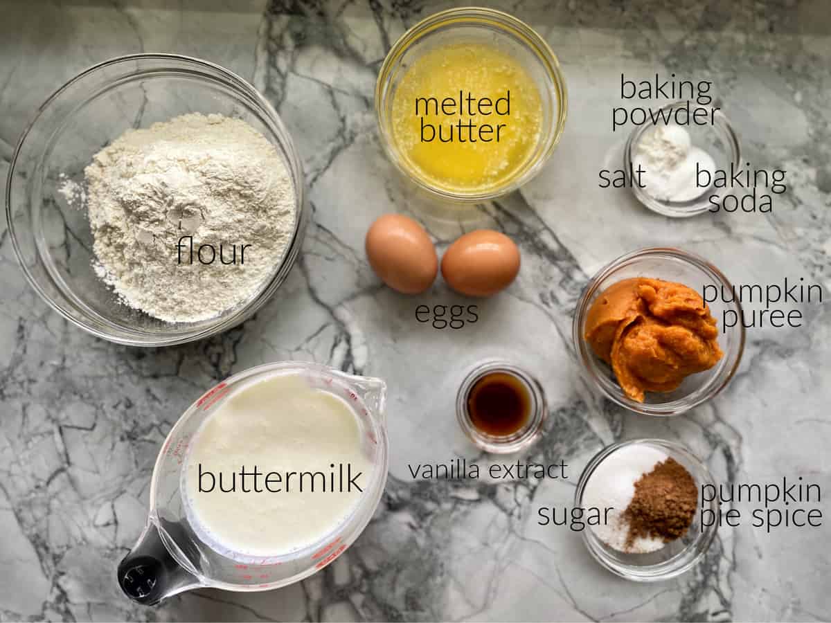 Ingredients: flour, buttermilk, butter, eggs, vanilla, sugar, pumpkin, etc.