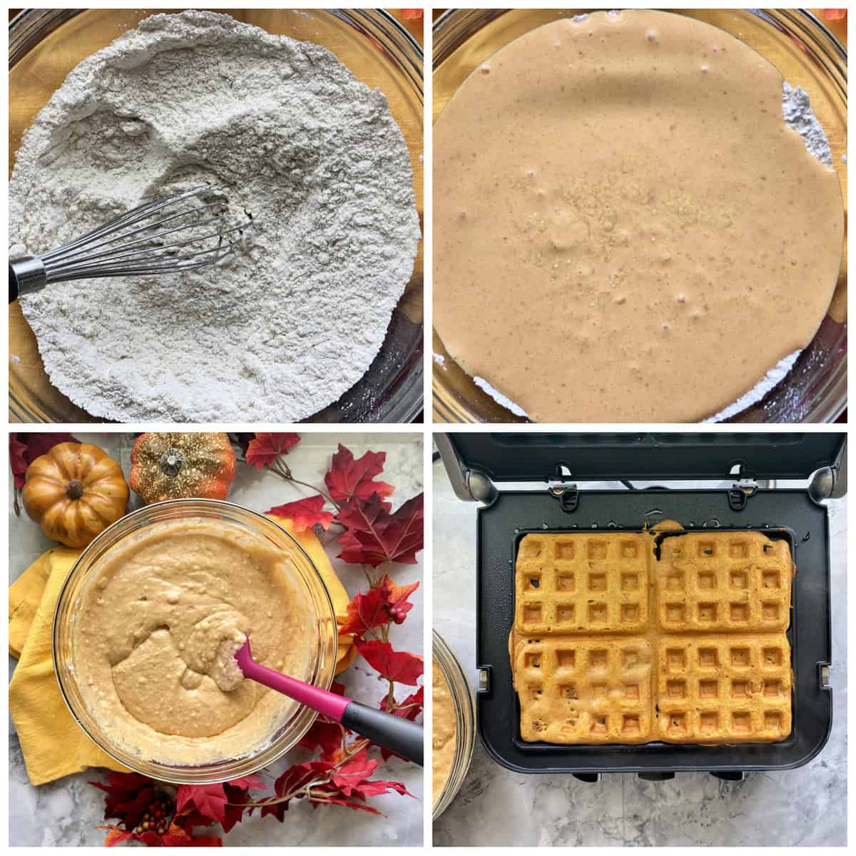 Four process shot photos: flour whisking, liquid in bowl, mixed batter, and waffles on waffle iron.