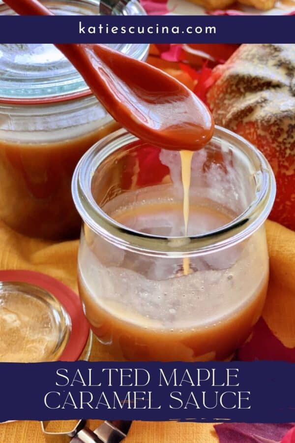 Orange spoon dripping with caramel sauce with text on image for Pinterest.