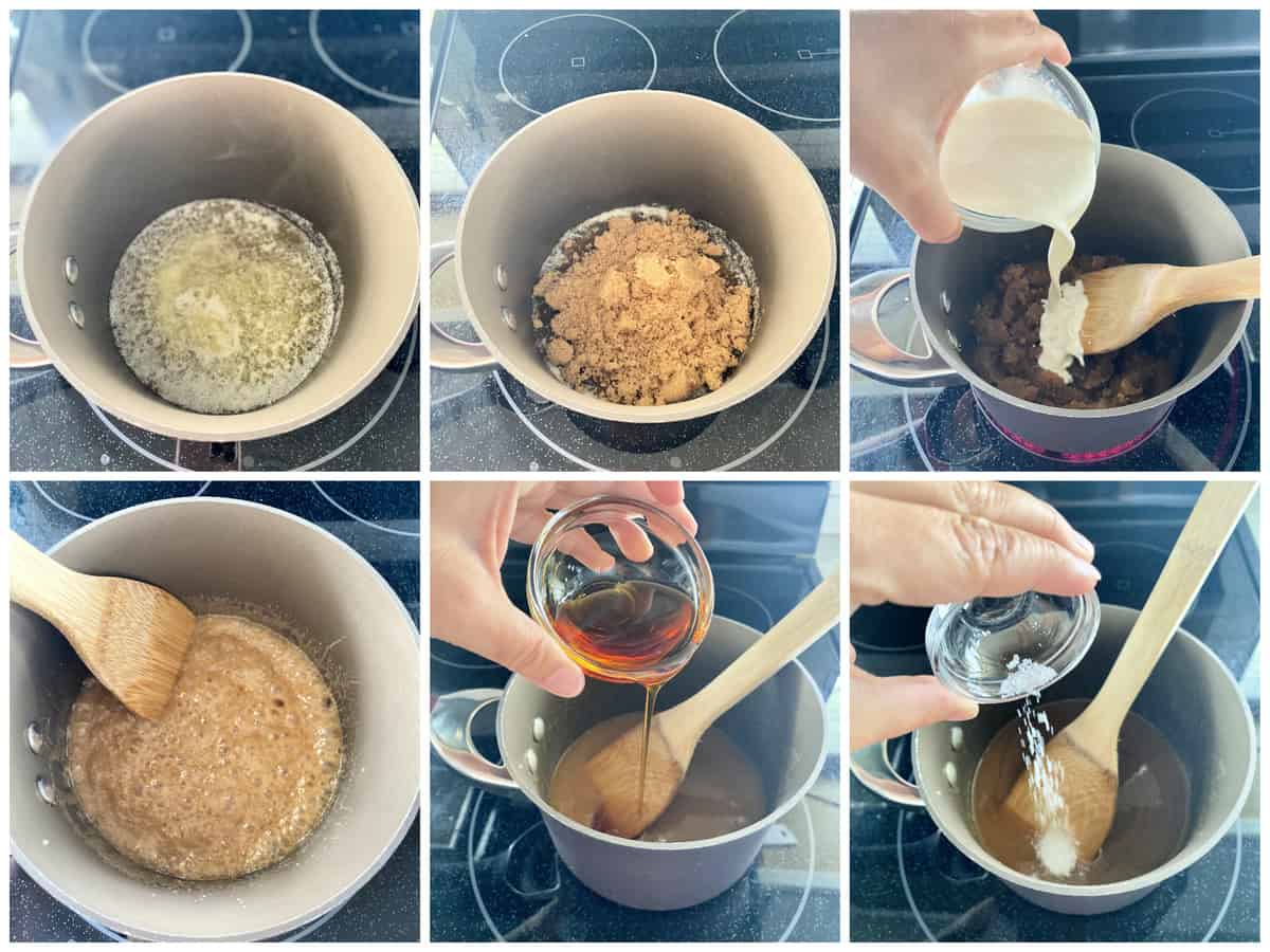 6 process photos of how to make salted caramel sauce.