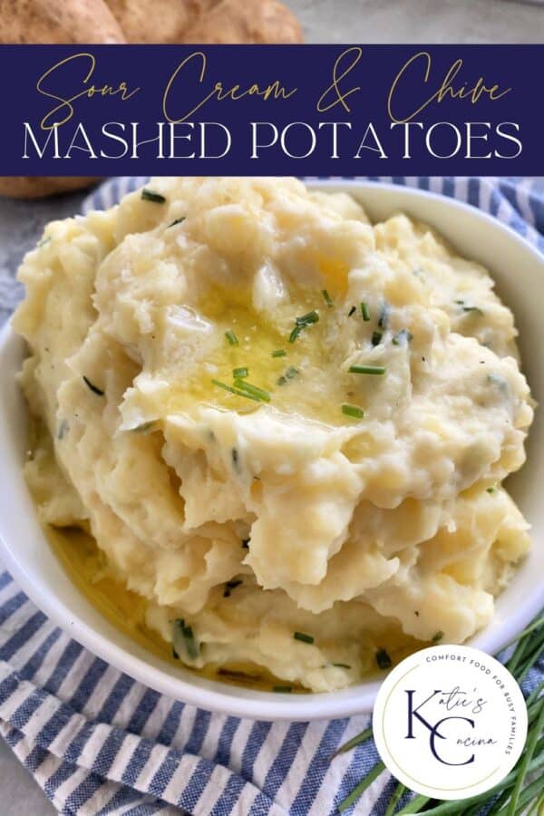 Bowl of mashed potatoes with text on image for Pinterest.