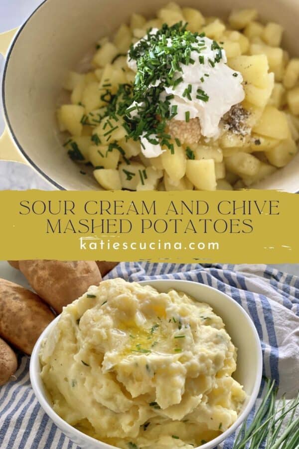 Two photos: top with diced potatoes and sour cream and the bottom of a bowl of mashed potatoes.