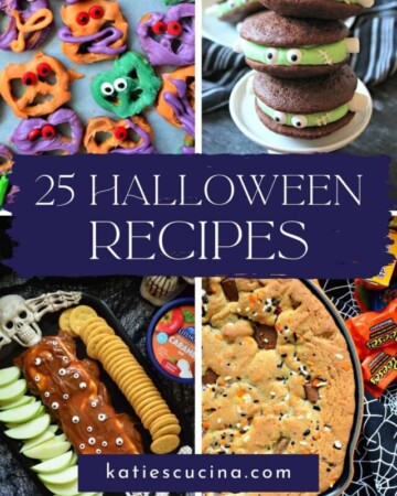 Four photos of Halloween foods with text on image for Pinterest.