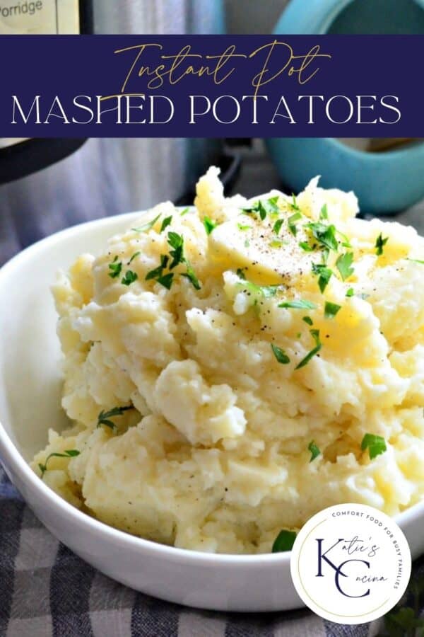 Close up of a bowl of mashed potatoes with herbs and butter and text on image for Pinterest.