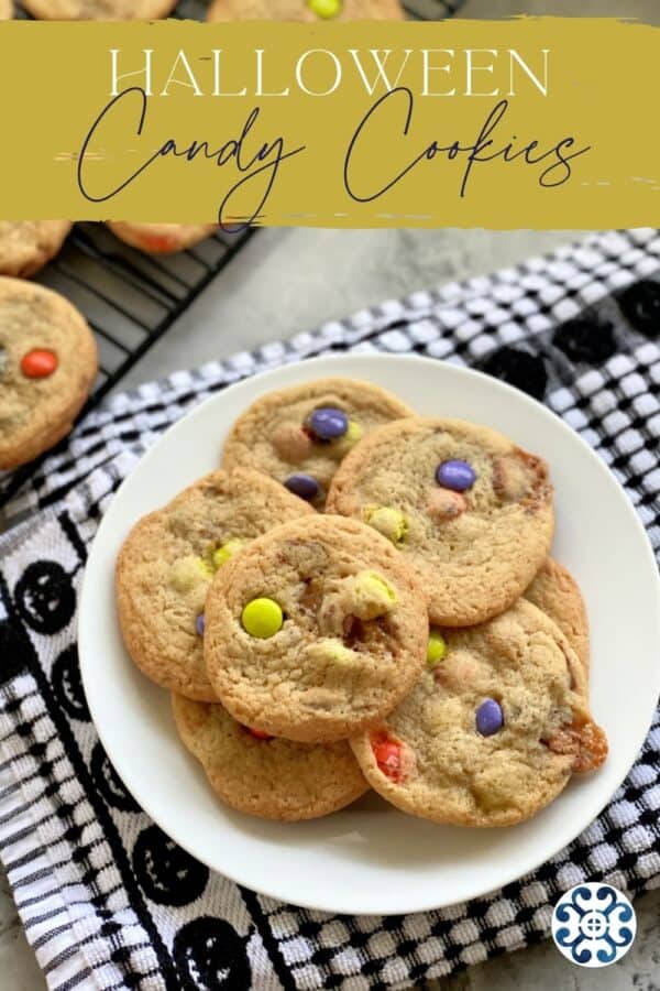 White plate with cookies on a black and white towel with text on image for Pinterest.