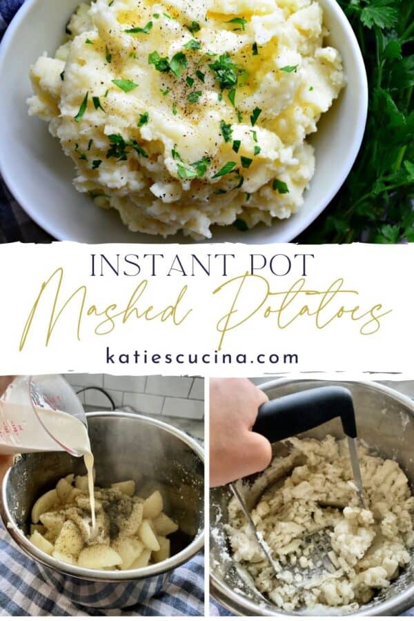 Three photos: Top photo of mashed potatoes, bottom of process photos making mashed potatoes.