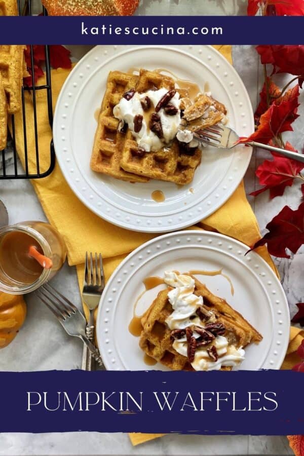 Two plates with waffles stacked with toppings with text on image for Pinterest.