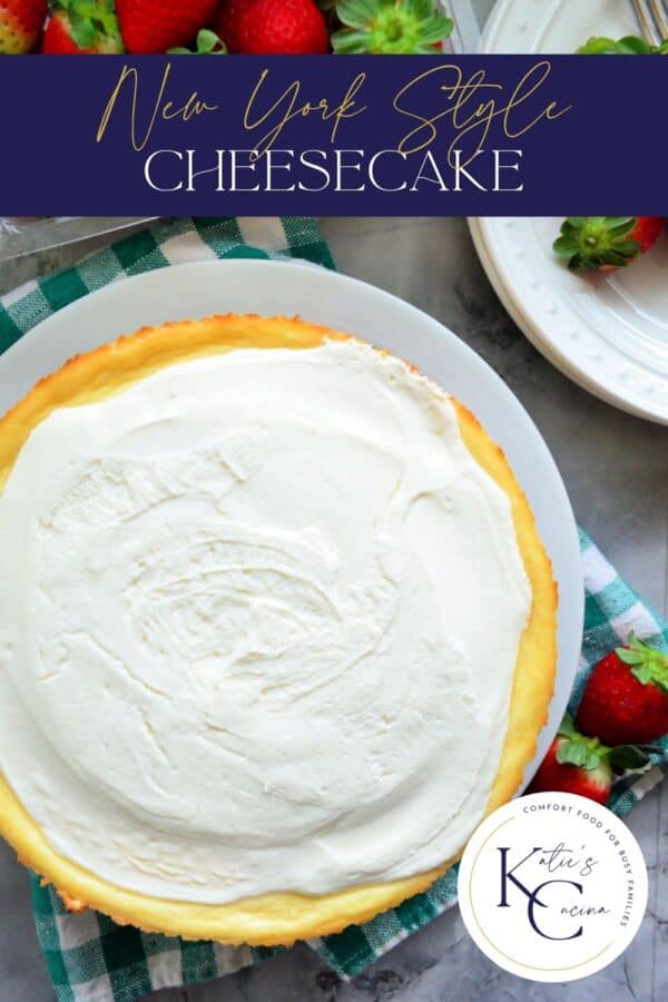 Top view of a cheesecake with sour cream topping and text on image for Pinterest.