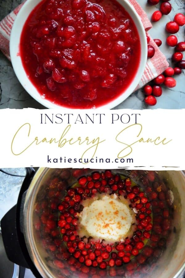 Two photos of cranberry sauce, top cooked in a bowl, bottom before cooking.