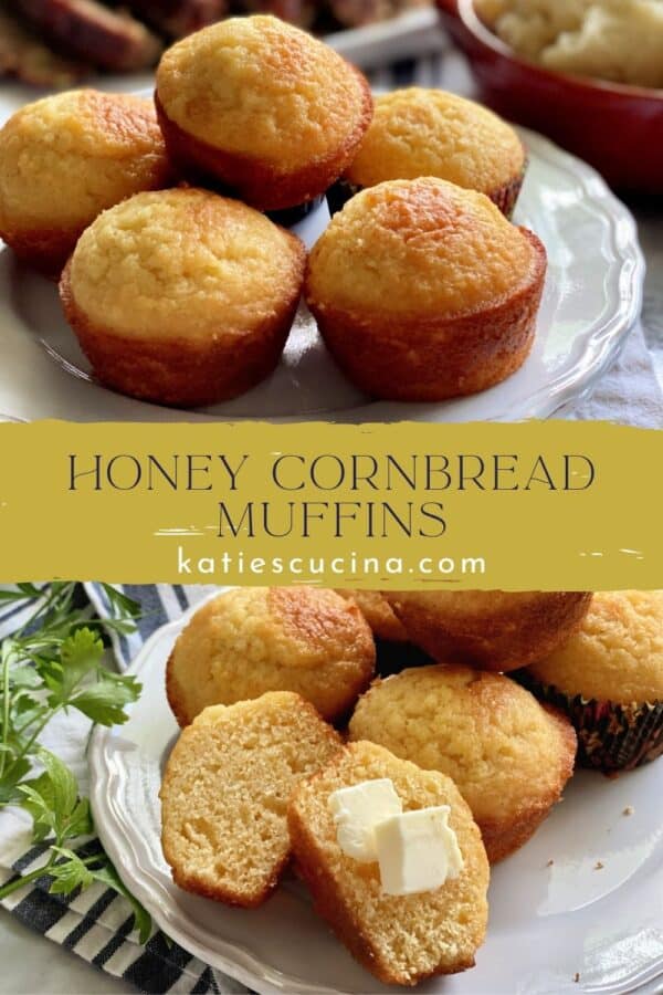 Two photos with text in middle: Top of stacked cornbread, bottom of muffins with one sliced with butter on top.