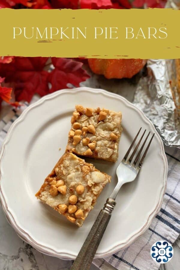 Two pumpkin pie bars on a plate with a fork and text on image for Pinterest.