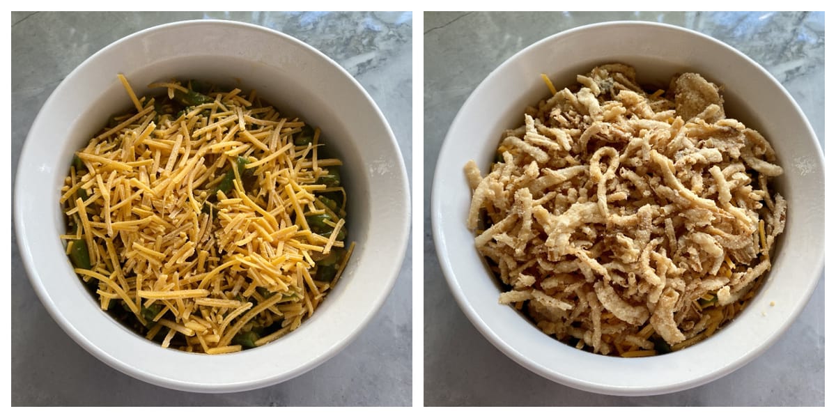 Two photos: top view of a casserole dish with cheese on top and the right with french fried onions.