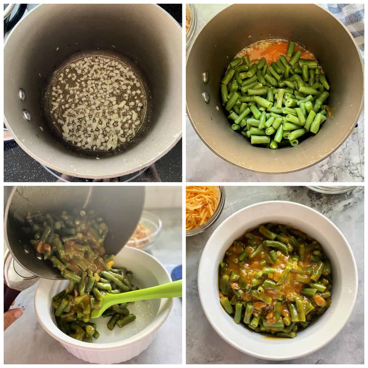 Four photos: Top left sauted onions in pot, top right green beans, bottom left; green beans pouring in dish, bottom right green beans in casserole dish.