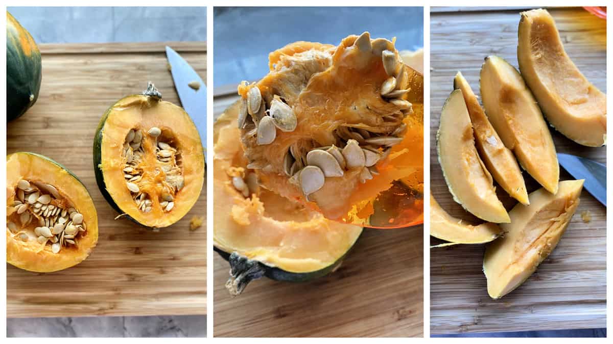 Three photos of acorn squash opened, sliced, and seeded.