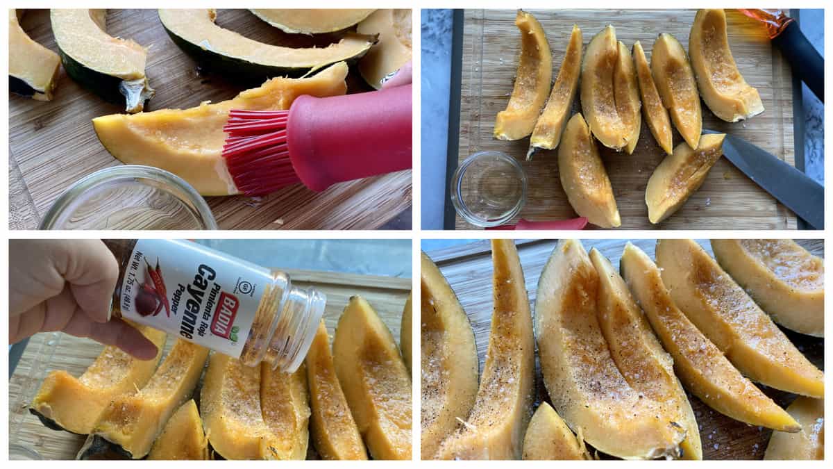 Four photos: Sliced acorn squash with seasoning and oil.