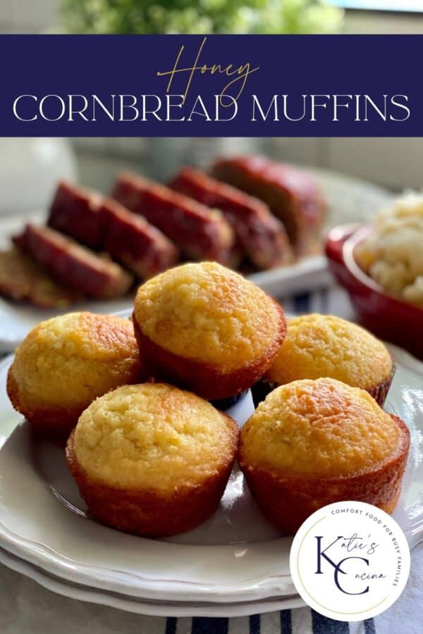 Two white plates with cornbread muffins stacked on top with text on image for Pinterest.