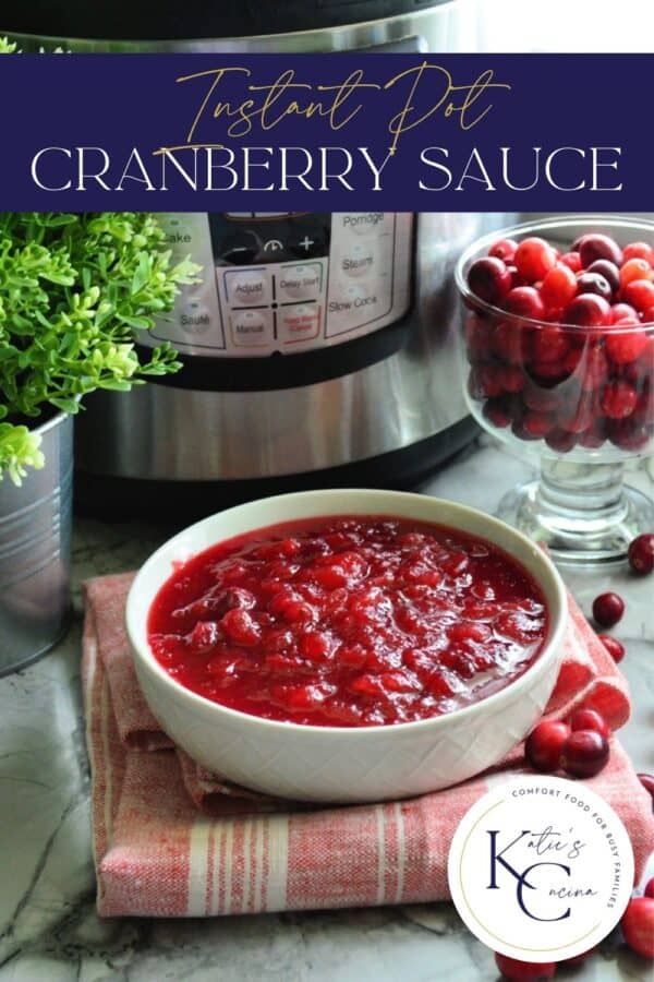 White bowl with cranberry sauce with text on image for Pinterest.