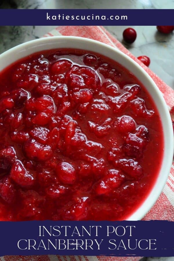 Close up of a bowl of cranberry sauce with text on image for Pinterest.