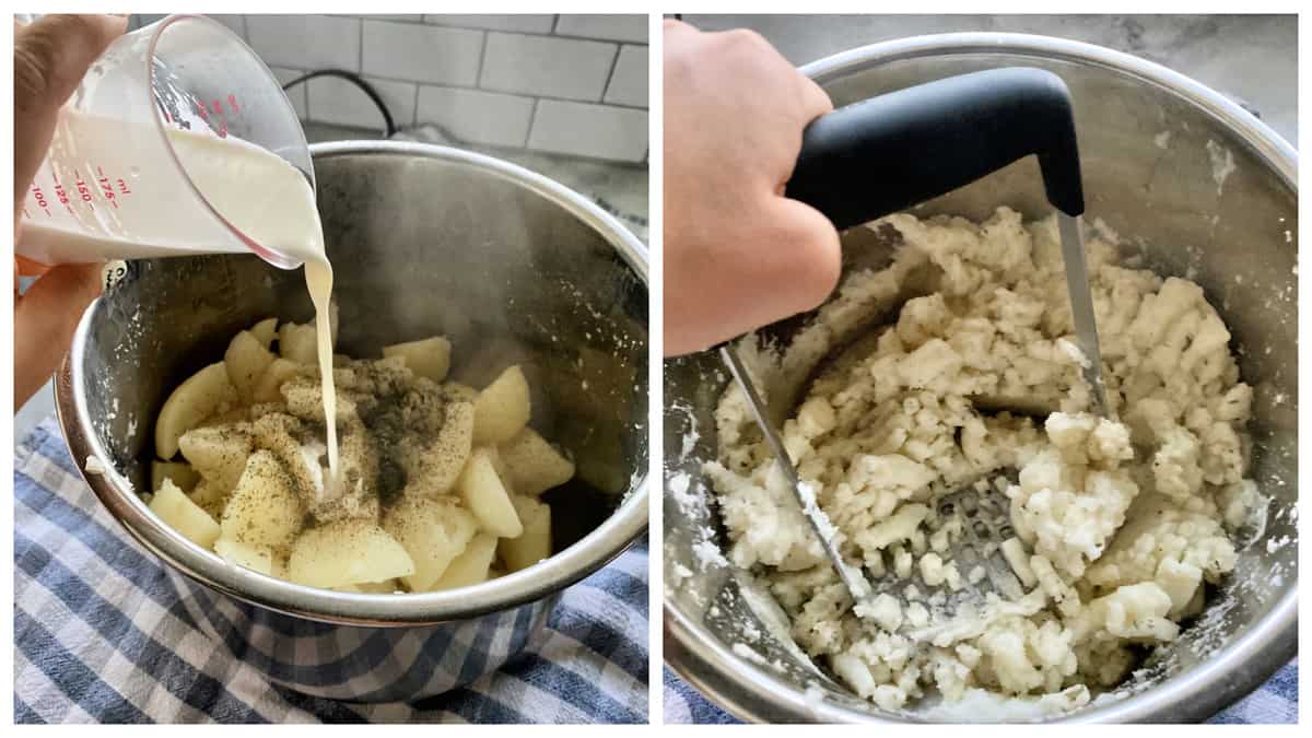 Two photos; Left pouring cream into potatoes, right mashing potatoes with a potato masher.