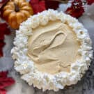 Full pumpkin cheesecake pie with fall leaves and pumpkins in background.