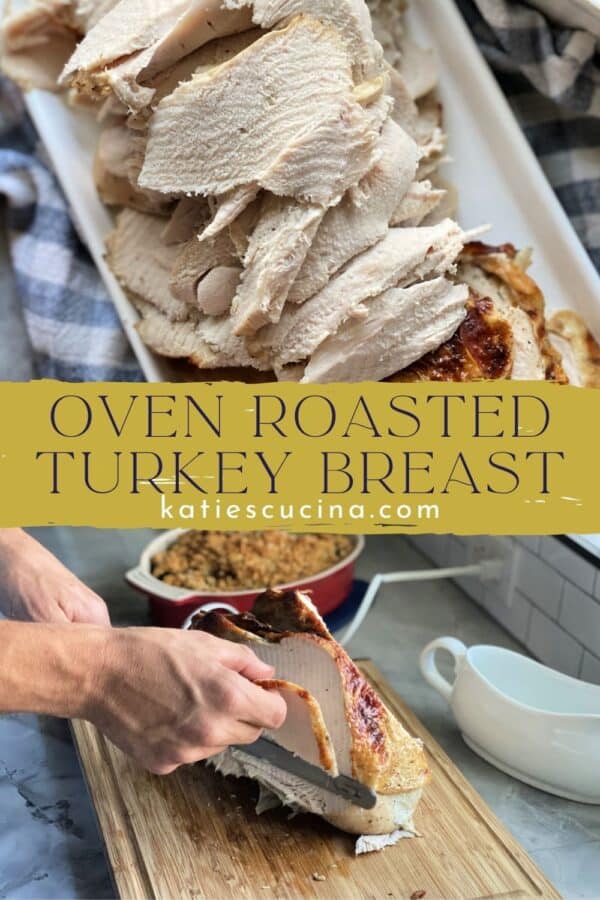 Two photos; top of sliced turkey breast bottom of man slicing turkey breast.